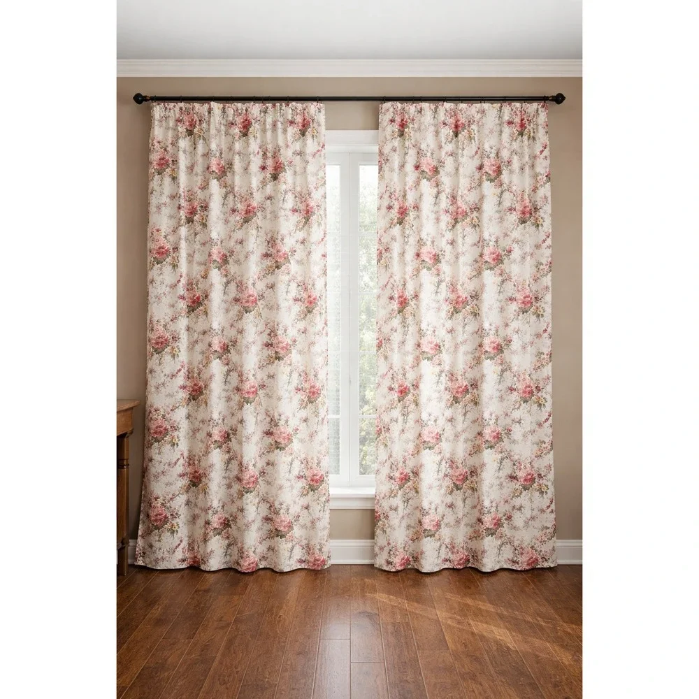 Vtg Ralph Lauren Custom Floral Rose Curtains Drapes Petticoat Floral 100% Cotton